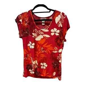 Chicos Travelers Red White Tropical Print Blouse Ruched Shoulders Size 1 (Medium